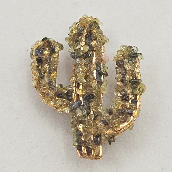 Jewelry - Vintage Cactus Brooch Pin Gold Tone Green Green Stone Chips Desert Southwestern